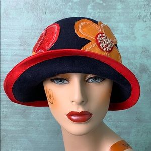 Red orange navy womens cloche hat